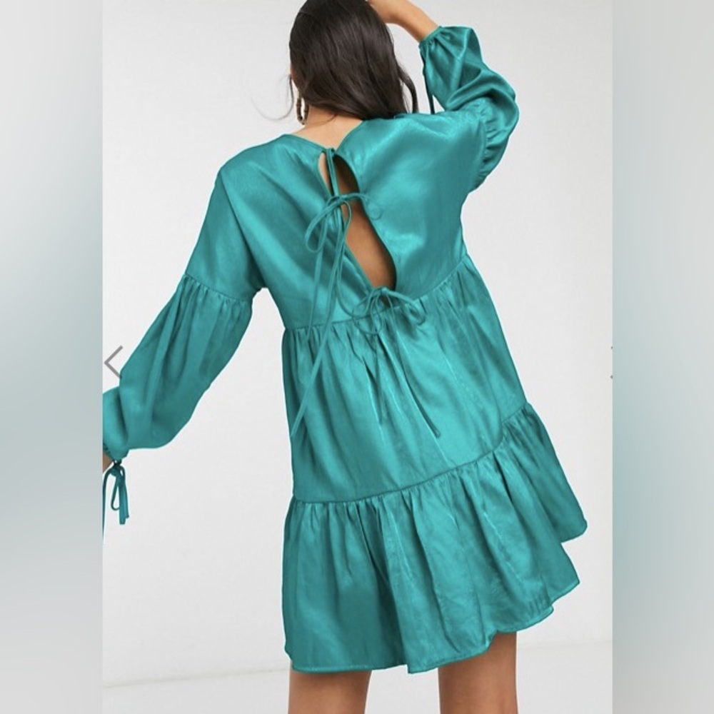 Glamorous tiered mini smock satin dress with tie cuffs